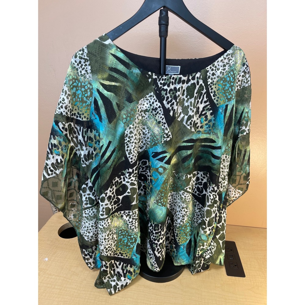 JM Collection Womens XL Animal Print Poncho Blouse Green Blue Mixed Media Top